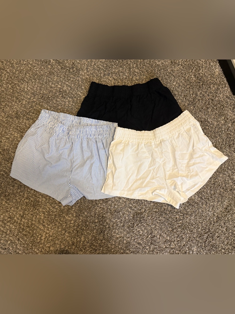 Women's Elastic Waist Linen Blend Shorts - Black, White & Blue Stripe